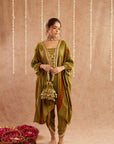 Heer Hara Kaftan Set With Tulip Pants And Potli Bag - Set Of 3