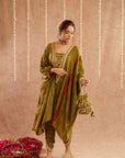 Heer Hara Kaftan Set With Tulip Pants And Potli Bag - Set Of 3