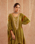 Heer Hara Kaftan Set With Tulip Pants And Potli Bag - Set Of 3