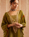 Heer Hara Kaftan Set With Tulip Pants And Potli Bag - Set Of 3