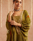 Heer Hara Kaftan Set With Tulip Pants And Potli Bag - Set Of 3