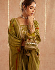 Heer Hara Kaftan Set With Tulip Pants And Potli Bag - Set Of 3