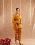 Haldi Organza Kaftan Set With Pants And Potli Bag - Set Of 3