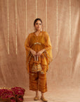Haldi Organza Kaftan Set With Pants And Potli Bag - Set Of 3