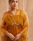 Haldi Organza Kaftan Set With Pants And Potli Bag - Set Of 3