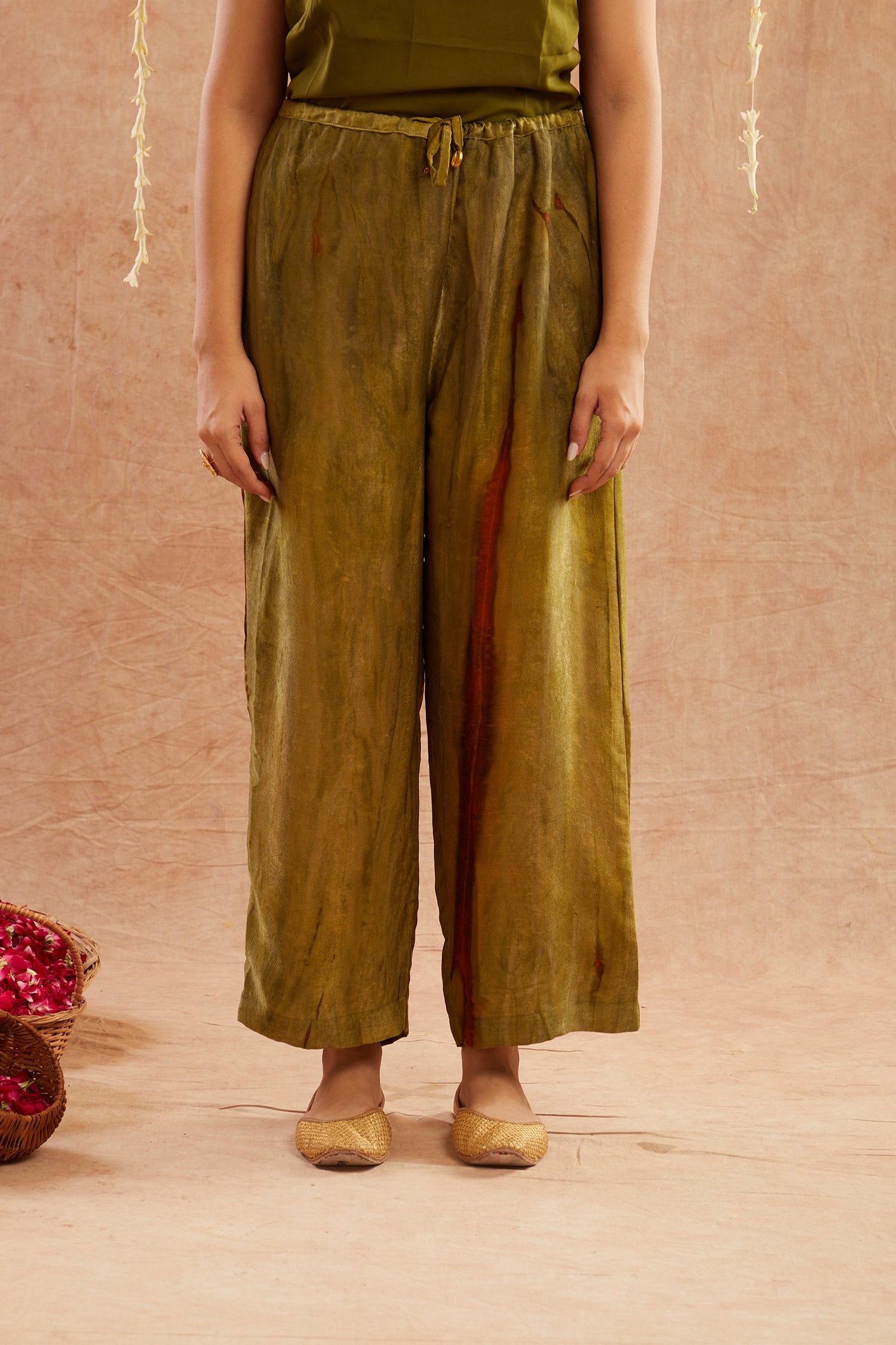 Mehendi Georgette Organza Top With Pants Set Of 2