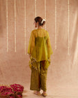 Mehendi Organza Kaftan Set With Pants And Potli Bag - Set Of 3