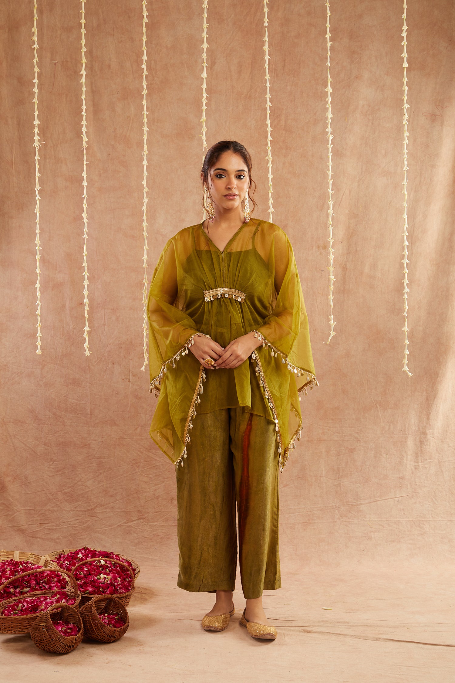 Mehendi Organza Kaftan Set With Pants And Potli Bag - Set Of 3