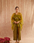 Mehendi Organza Kaftan Set With Pants And Potli Bag - Set Of 3