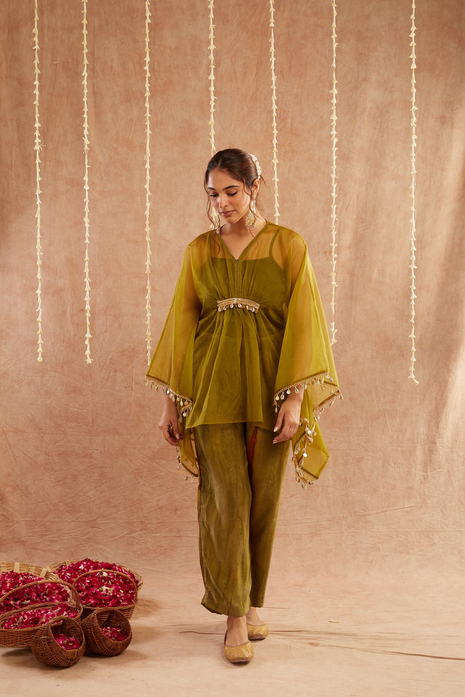 Mehendi Organza Kaftan Set With Pants And Potli Bag - Set Of 3