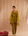 Mehendi Organza Kaftan Set With Pants And Potli Bag - Set Of 3