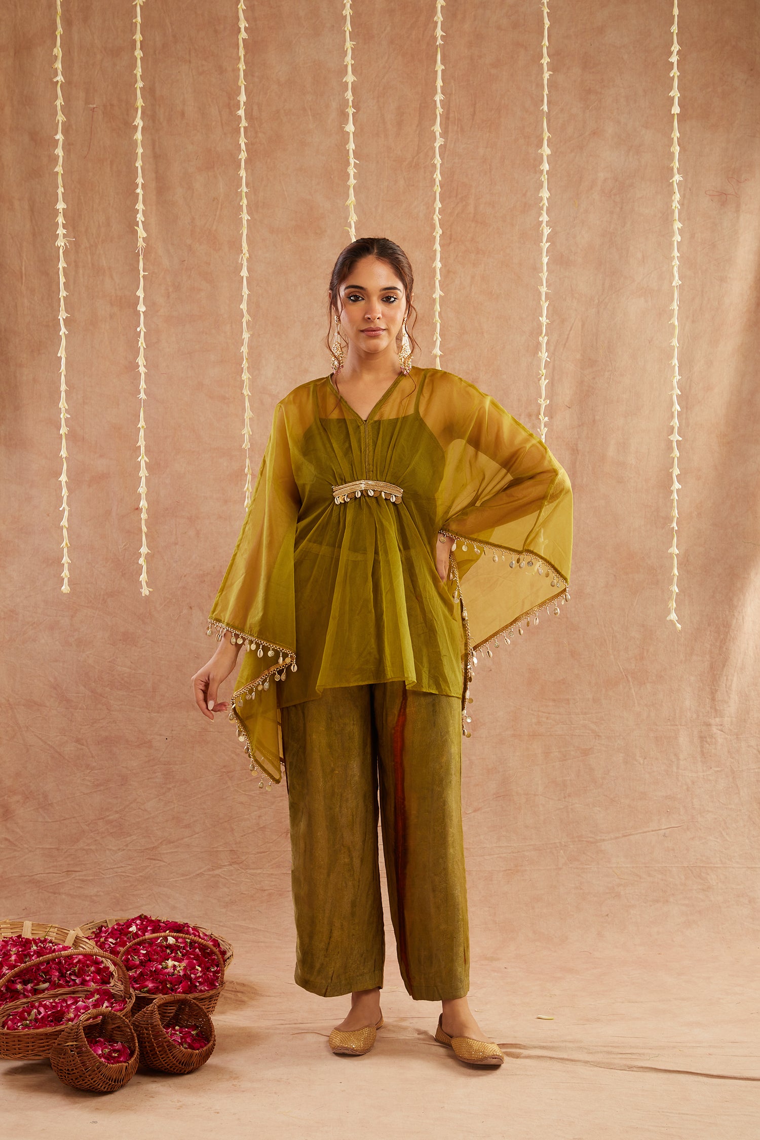 Mehendi Organza Kaftan Set With Pants And Potli Bag - Set Of 3