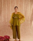 Mehendi Organza Kaftan Set With Pants And Potli Bag - Set Of 3
