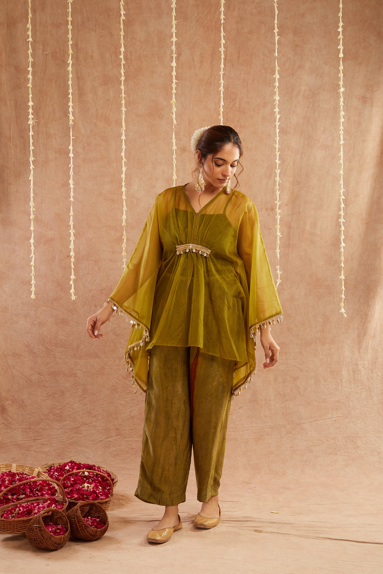 Mehendi Organza Kaftan Set With Pants And Potli Bag - Set Of 3