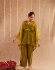 Mehendi Organza Kaftan Set With Pants And Potli Bag - Set Of 3