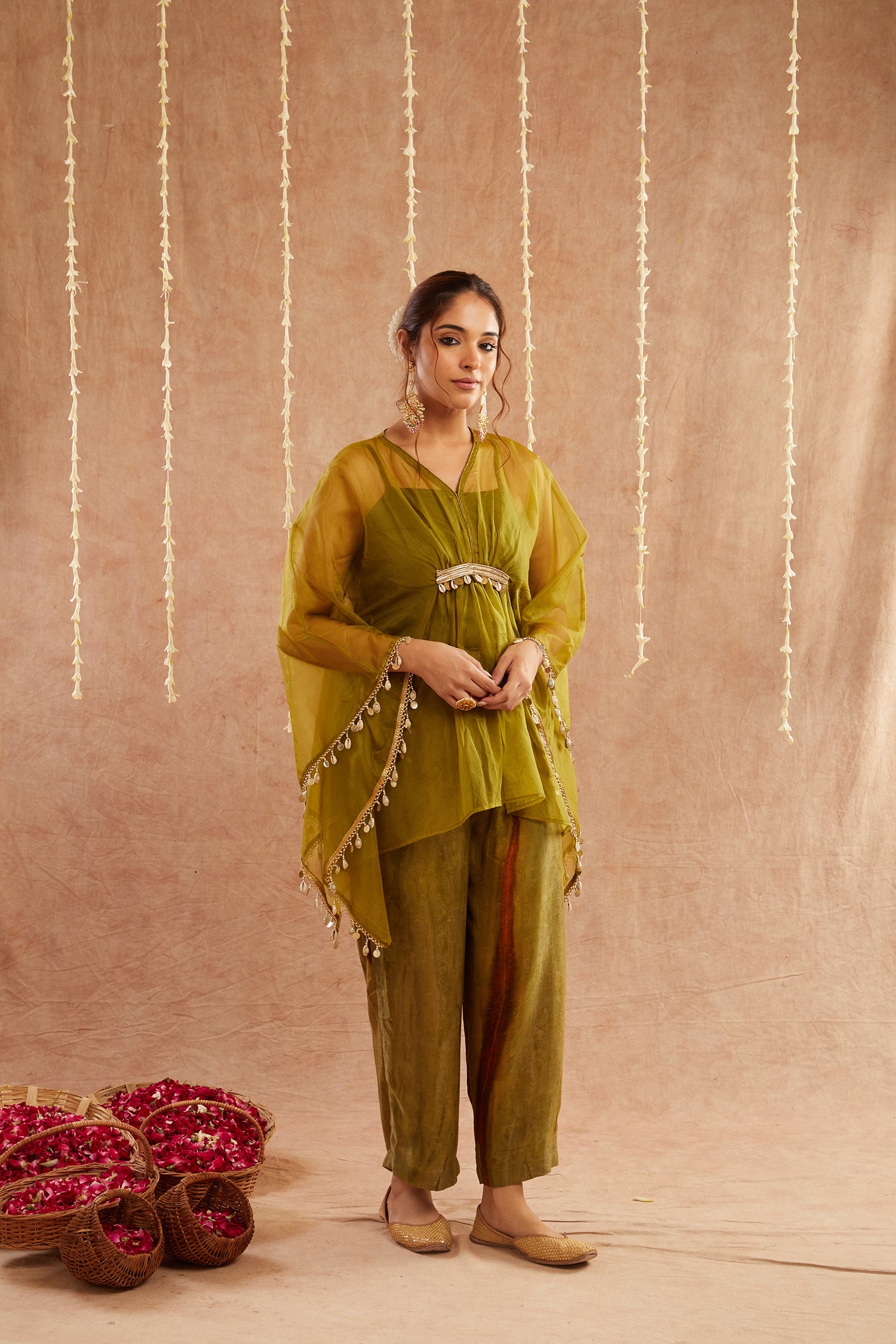 Mehendi Organza Kaftan Set With Pants And Potli Bag - Set Of 3