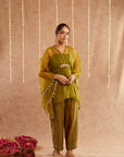 Mehendi Organza Kaftan Set With Pants And Potli Bag - Set Of 3