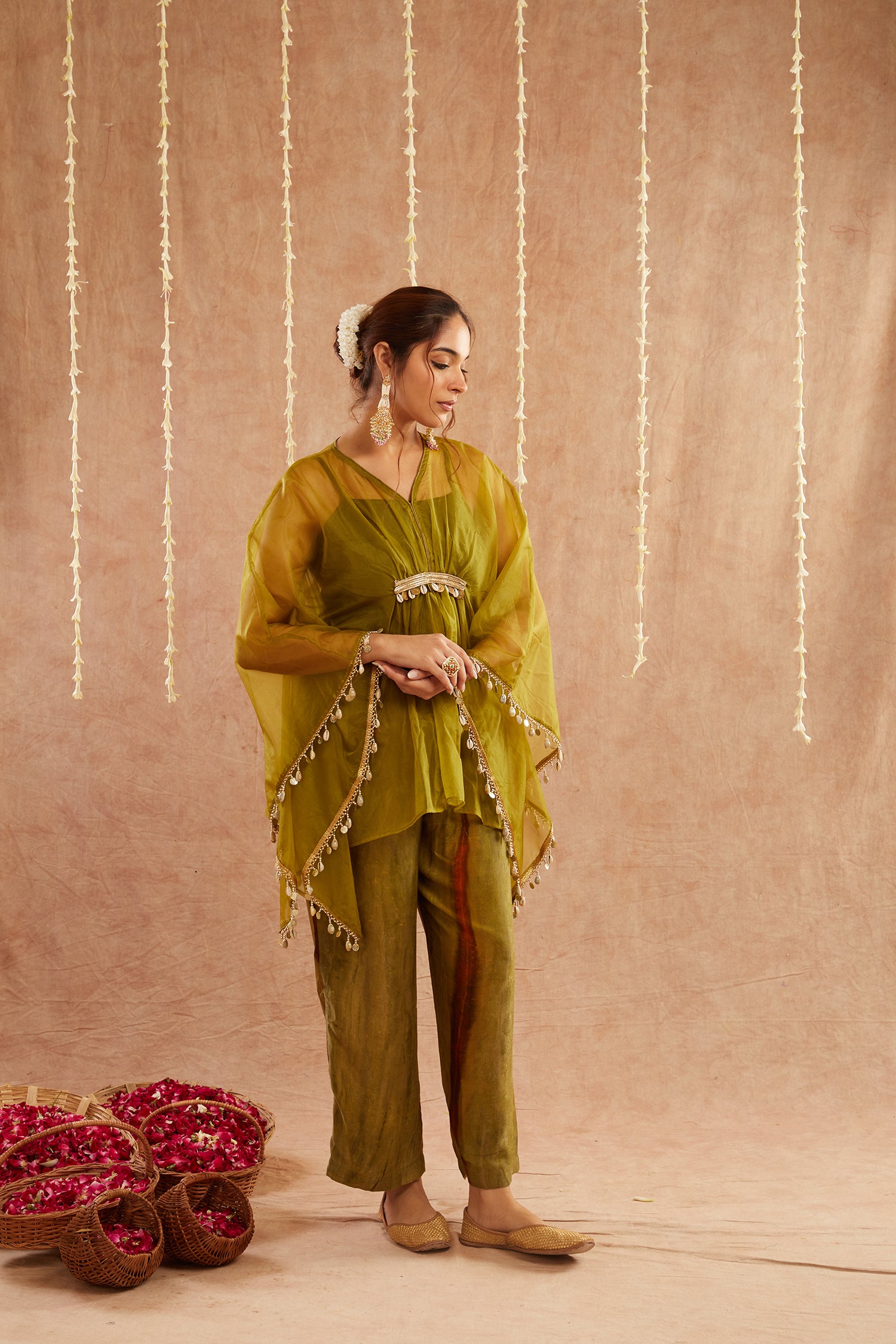 Mehendi Organza Kaftan Set With Pants And Potli Bag - Set Of 3