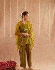 Mehendi Organza Kaftan Set With Pants And Potli Bag - Set Of 3