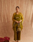 Mehendi Organza Kaftan Set With Pants And Potli Bag - Set Of 3