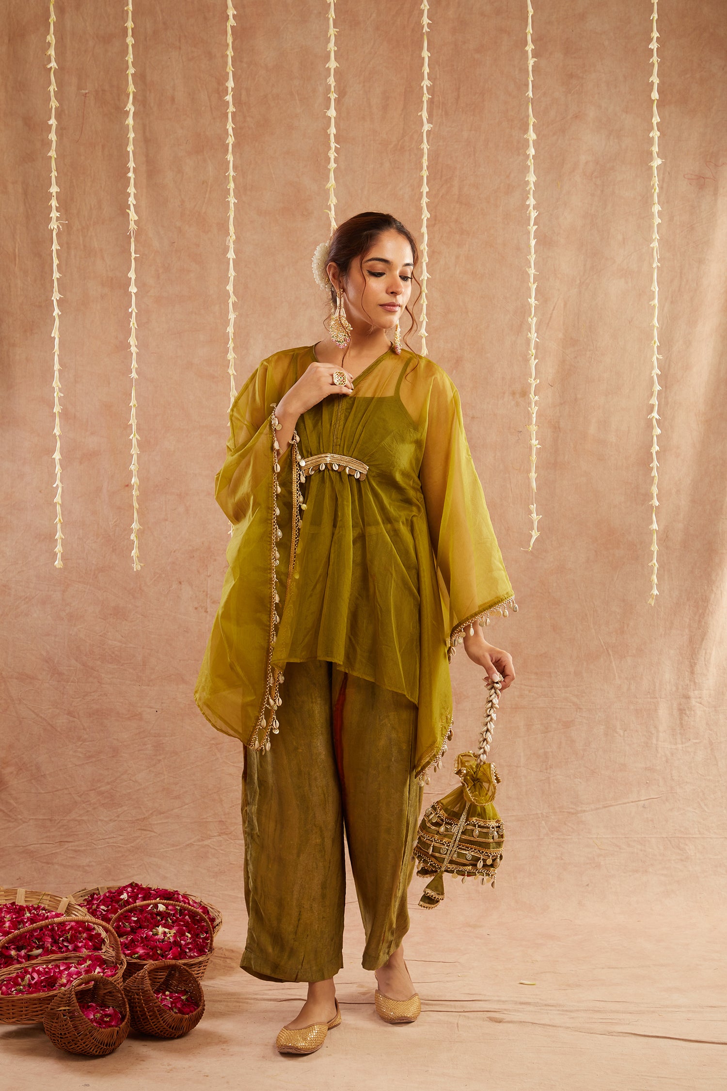 Mehendi Organza Kaftan Set With Pants And Potli Bag - Set Of 3