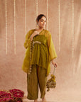 Mehendi Organza Kaftan Set With Pants And Potli Bag - Set Of 3