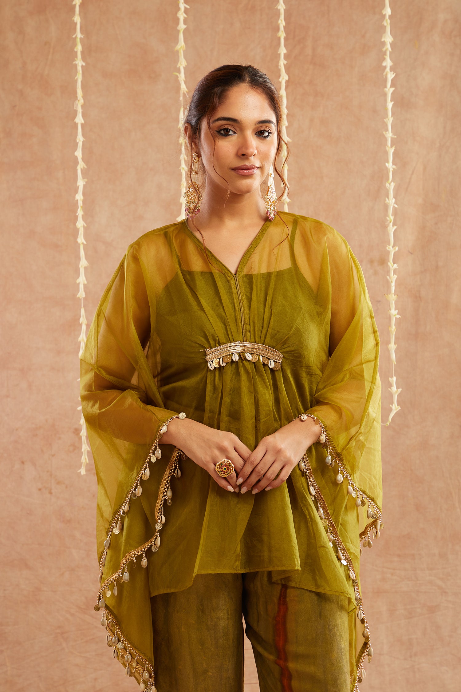 Mehendi Organza Kaftan Set With Pants And Potli Bag - Set Of 3