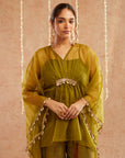 Mehendi Organza Kaftan Set With Pants And Potli Bag - Set Of 3