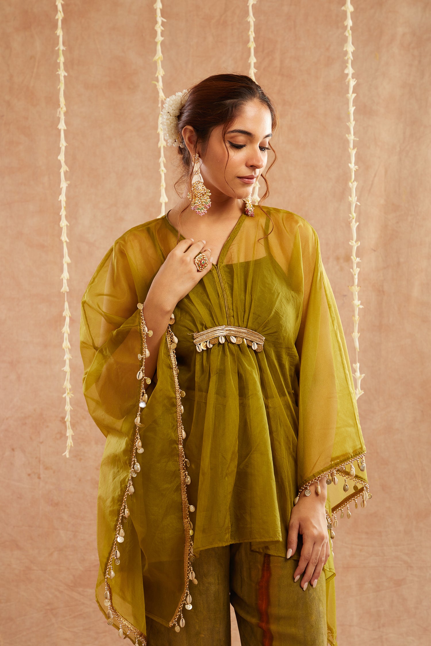 Mehendi Organza Kaftan Set With Pants And Potli Bag - Set Of 3