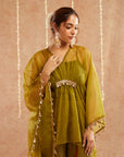 Mehendi Organza Kaftan Set With Pants And Potli Bag - Set Of 3