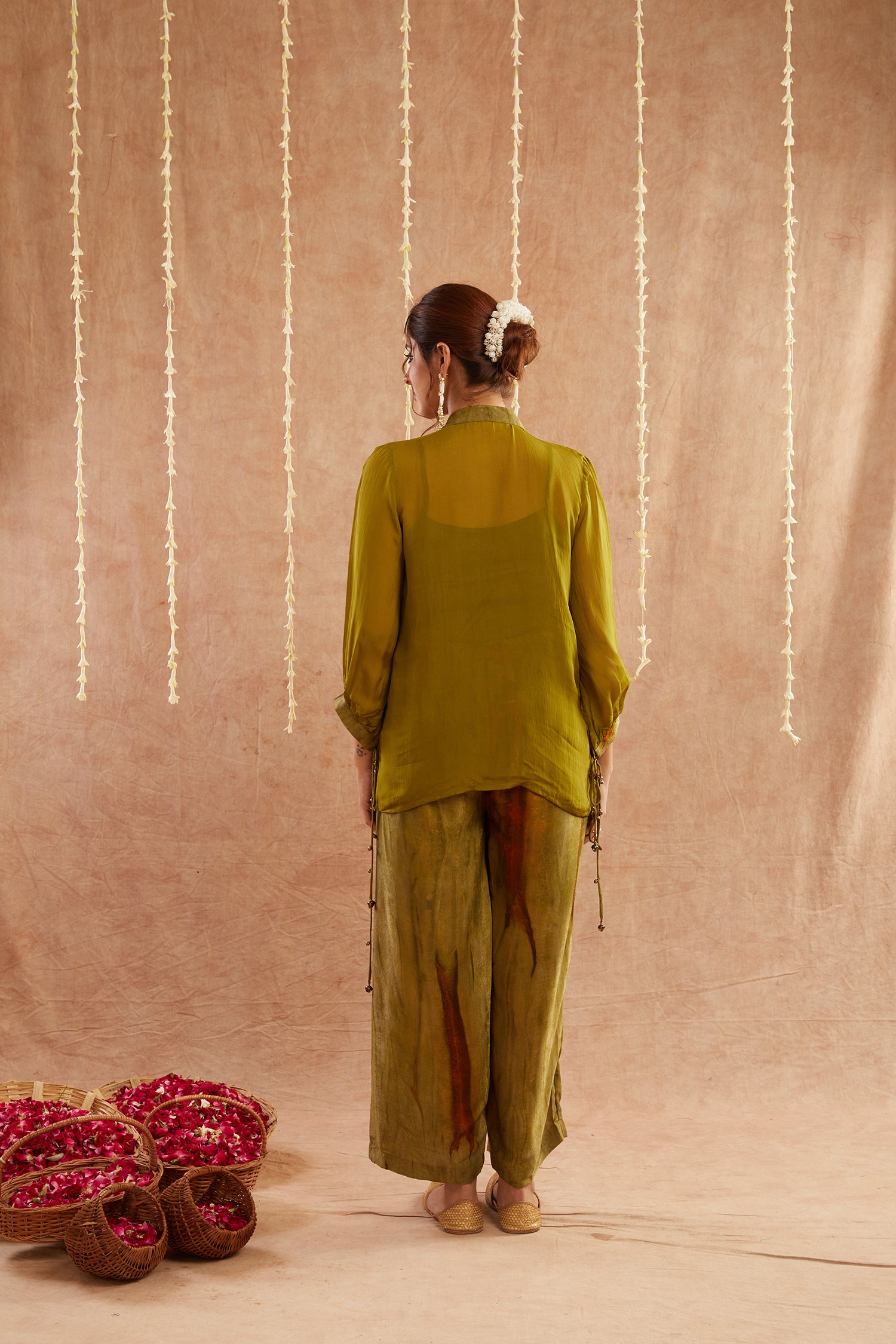 Mehendi Georgette Organza Top With Pants Set Of 2