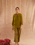 Mehendi Georgette Organza Top With Pants Set Of 2