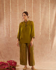 Mehendi Georgette Organza Top With Pants Set Of 2