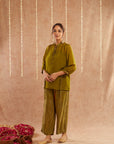 Mehendi Georgette Organza Top With Pants Set Of 2