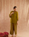 Mehendi Georgette Organza Top With Pants Set Of 2