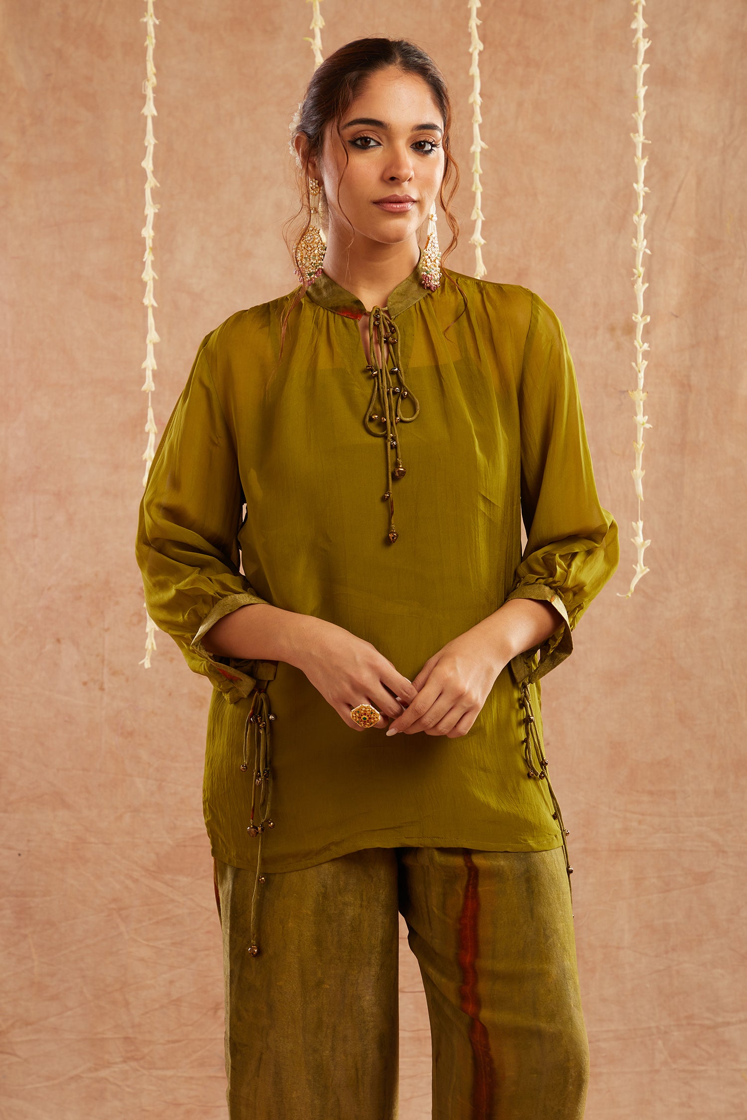 Mehendi Georgette Organza Top With Pants Set Of 2