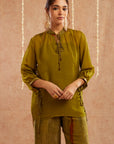 Mehendi Georgette Organza Top With Pants Set Of 2