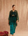 Phirozi Organza Kaftan Set With Pants And Potli Bag - Set Of 3