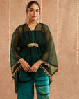 Phirozi Organza Kaftan Set With Pants And Potli Bag - Set Of 3