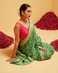 Traditional Georgette Banarasee Bandhani Saree in Green