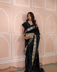 Classy Pleated Saree with Velvet Palla - Black