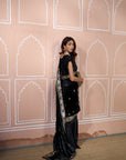Classy Pleated Saree with Velvet Palla - Black