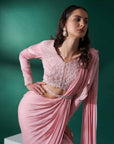 Lilac Pre-Draped Ruffle Saree Skirt with Hand-Embroidered Blouse