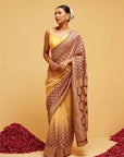 Traditional Banasree Bandhani Georgette Saree in Wine and Yellow