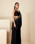 Sequin Embroidered Crop Top and Flared Pants Fusion Set - Black