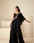 Sequin Embroidered Crop Top and Flared Pants Fusion Set - Black