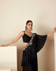Sequin Embroidered Crop Top and Flared Pants Fusion Set - Black