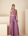 Embroidered Peplum Top and Layered Pants Fusion Set - Georgette