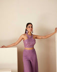 Embroidered Peplum Top and Layered Pants Fusion Set - Georgette