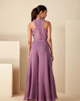 Embroidered Peplum Top and Layered Pants Fusion Set - Georgette